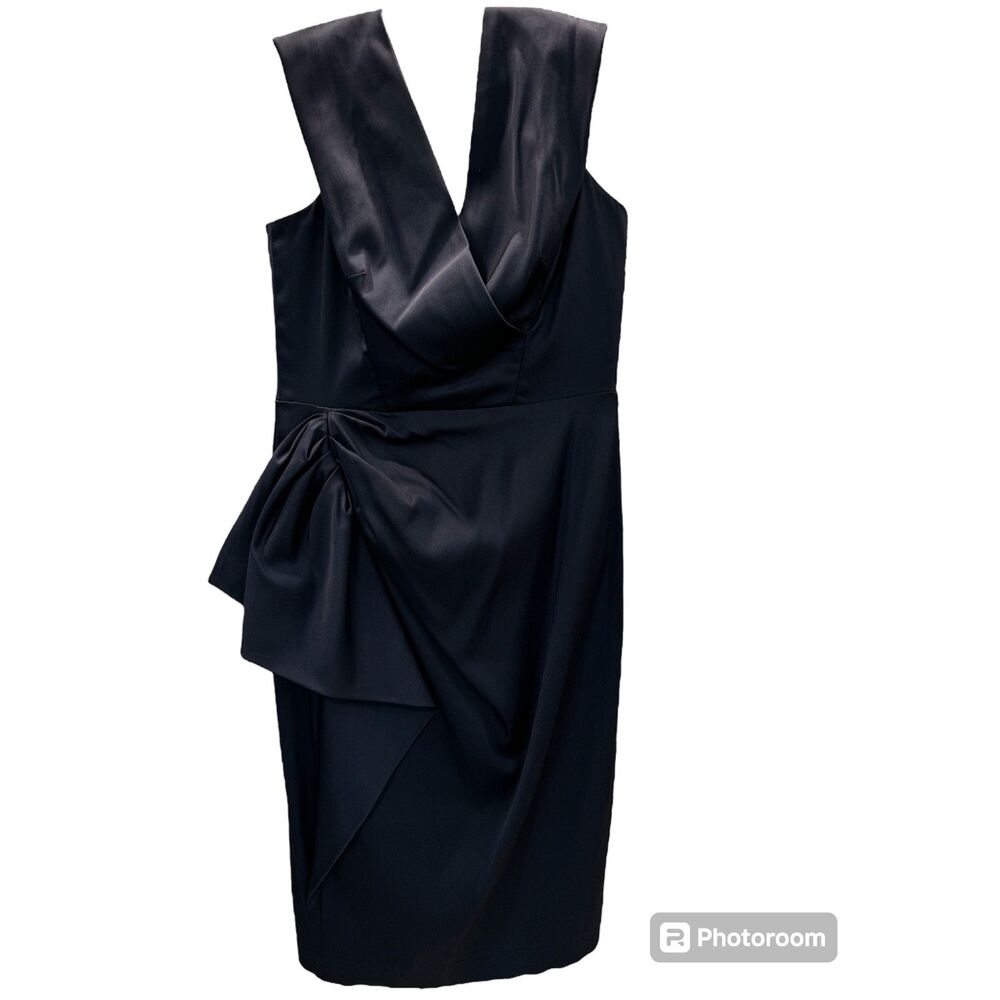 Maggy London Dark Blue Satin Elegant Dress Side Ruffle Knee Length Draped Neck